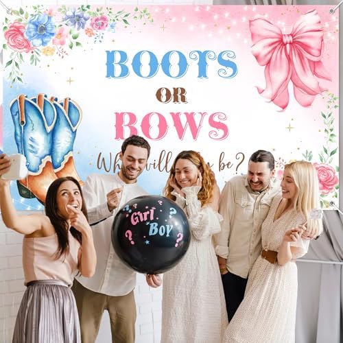 Mocsicka Boot or Bows Banner Cowboy Boots Pink Bows Gender Reveal Banner for Western Baby Shower Party Decorations (10x7ft) - Image 5