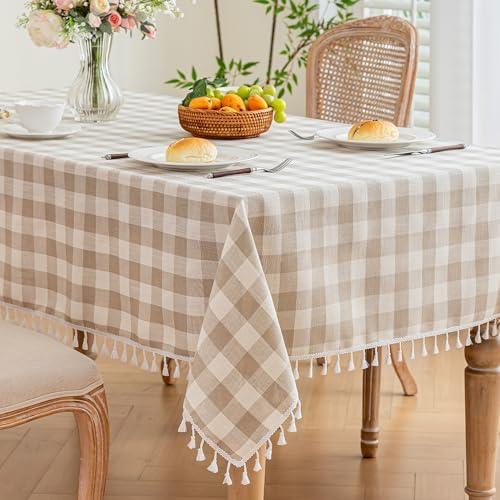 Beige Gingham Tablecloth Rectangle, Cotton Linen Checkered, 55x106 Inch - Image 3