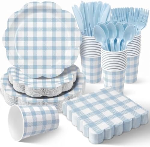 350 PCS Light Blue Gingham Disposable Dinnerware Set, Decagonal Paper Plates 7 & 9 Inch, Napkins, Cups & Cutlery, Checkered Party Supplies for Baby Shower Easter Picnic Wedding by Unknown