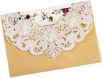 DORIS HOME 50pcs Gold BLANK Laser Cut Flora Lace invitation Cards with Envelopes for Wedding Invitations, Bridal Shower, Engagement, Birthday, Bachelorette Party, Baby Shower by DorisHome