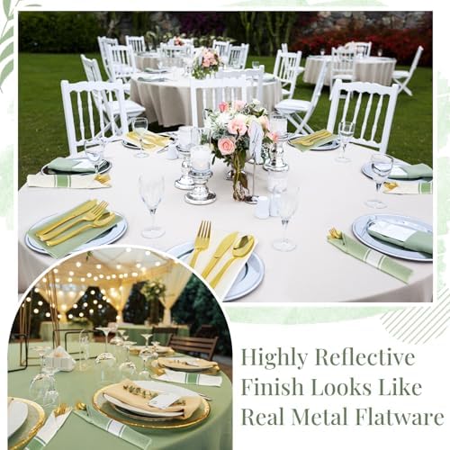 Lasnten 50 Pcs Pre-rolled Gold Plastic Silverware Set, Sage Green - Image 5