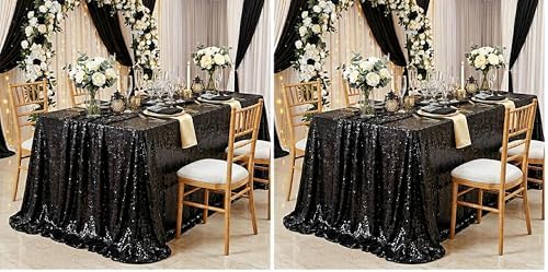 QueenDream Sequin Tablecloth 60x102 Inch Black Tablelcoth Halloween Glitter Tablecloth for Wedding Birthday Party Graduation (Pack of 2) by QueenDream