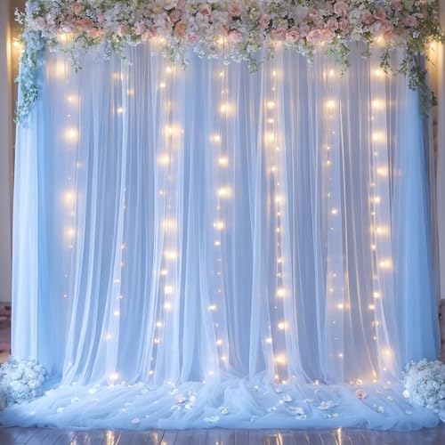 10×12ft Baby Blue Sheer Tulle Backdrop Curtains with Lights String for Parties Baby Shower Decorations for Boy Bridal Shower Birthday Party Photo Shoot Background Wall Decorations 2 Panels 5×12ft - Image 4