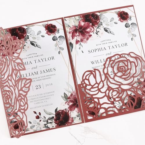 50pcs Tri Fold Wedding invitations Rose Hollow Laser Cut 5x7 '' Burgundy - Image 7