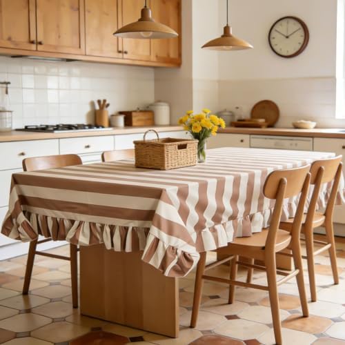 JarThenaAMCS Ruffle Tablecloth Table Cloth Beige Brown Striped Rectangle Decorative Table Cover for Baby Shower Home Kitchen Farmhouse Party Wedding Decor, 55 x 70 Inch - Image 7