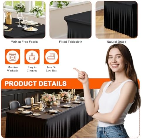 2 Pack Black Spandex Table Cloths for 6FT Rectangle Tables, Elastic Fitted Stretch Tablecloth 30x72 Inch, Wrinkle Free Black Table Cover Skirt for Banquet, Wedding, Baby Shower & Parties - Image 3
