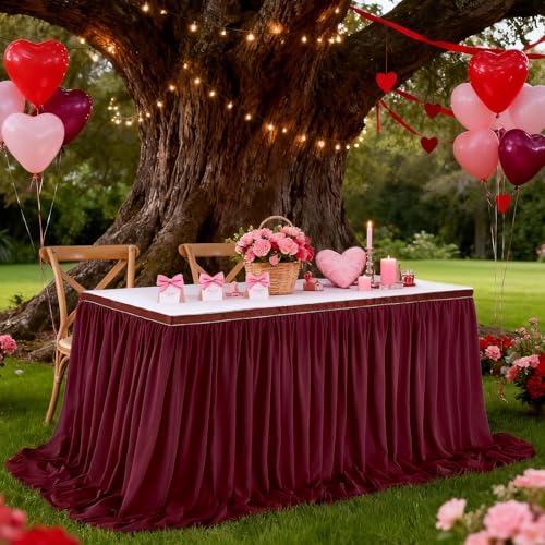 Burgundy Table Skirt for Party：2 Layer Chiffon Table Skirts Rectangle Tables Baby Shower Wedding Birthday Decorations 9FT - Image 4