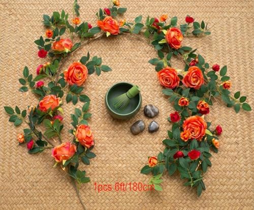 2 PCS 12FT Bendable Flower Garland, Fake Rose Vine for Home Decor,Orange - Image 4