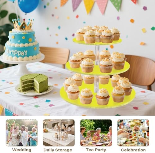J JOYSAY Yellow Print Acrylic Cupcake Stand 3 Tier Dessert Table Display Set Clear Cake Stands for Wedding Baby Shower Party Decorations Easy Assembly Macaron Tower - Image 7