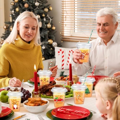 FoldTier 60 Set Christmas Cups 14 oz with Lids Straws Red Green - Image 4