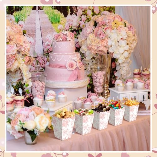 Gueevin 100 Pcs Pink Floral Popcorn Boxes with Scalloped for Party 5.5 x 10.5 x 7.5 cm Mini Paper Popcorn Containers Bulk for Wedding Movie Night Decorations Bridal Baby Shower Party Supplies - Image 3