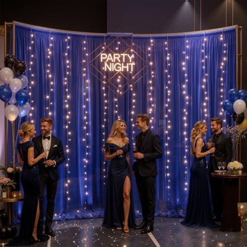 10ft x 10ft Royal Blue Chiffon Backdrop Curtain with Lights String for Parties,2 Panels Sheer Tulle Curtain Wedding Backdrop for Baby Shower Birthday Party Ceremony Reception Home Decorations - Image 3