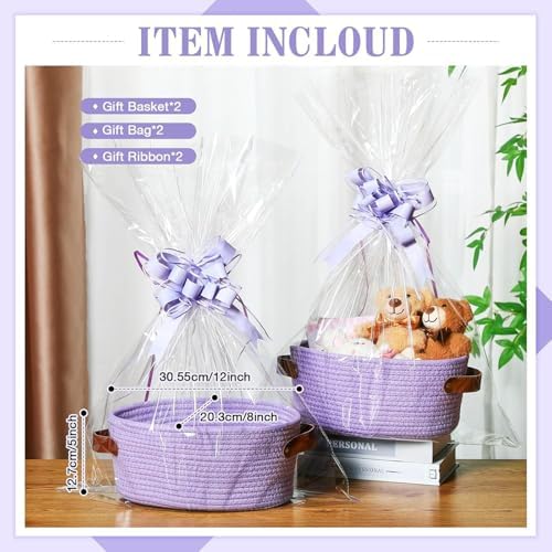 Empty Gift Basket Kit, 2-Pack Woven Storage Bin with Leather Handles Clear Cello Bags Pull Bows for Wrapping Presents Baby Shower Holiday - Image 6