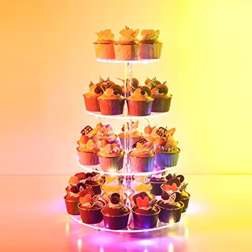 Cupcake Stand, 4-Tier Round Cupcake Holder with LED light String, Acrylic Cupcake Tower Display-Dessert Tower-Pastry Stand-Cupcake Tier Stand for Wedding, Birthday party ( Colorful Light) - Image 2