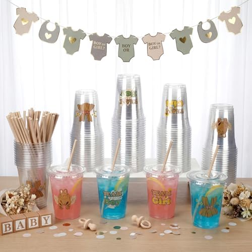 Qinyoung 100 Sets Neutral Gender Reveal Plastic Cups 16 oz with Lid Straw - Image 4