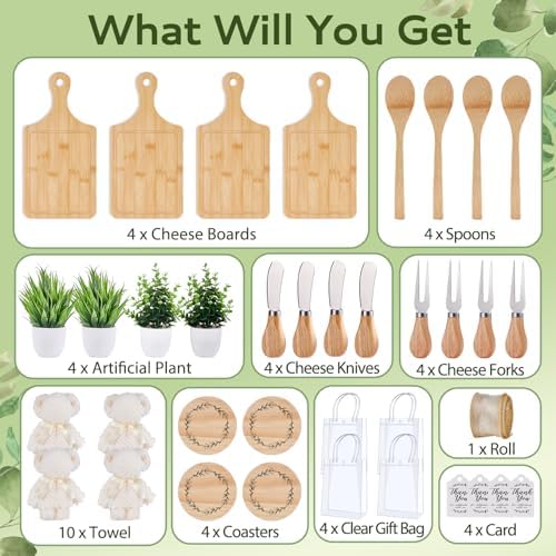 38Pcs Baby Shower Prizes for Game Winners Bamboo Cheese Board Fork Butter Spreaders Coasters Towel Artificial Potted Plant Gift Bag for Baby Shower Bridal Shower Favors (4 Sets, Bamboo Square Shaped) - Image 4