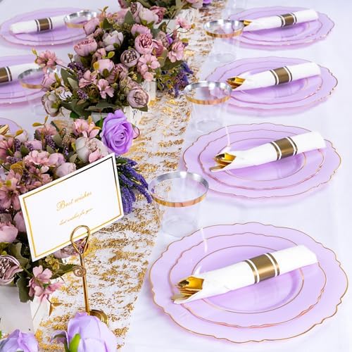 Liacere 350PCS Purple Plastic Plates - Disposable Lavender Plates 50guest Plastic Dinnerware include 100Light purple Plates,50Pack Pre Rolled Napkins Silverware 50Cups for Wedding & Party - Image 2