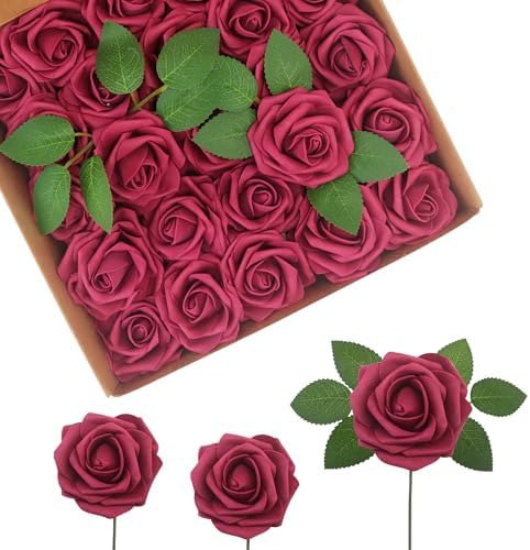 Artificial Flowers Realistic Roses, Real Looking Fake Roses with Stem for DIY Wedding Bouquets Centerpieces Bridal Shower Party Home Romantic Decorations (Wine Red, 100pcs) by BringmoreJoyinyourlife