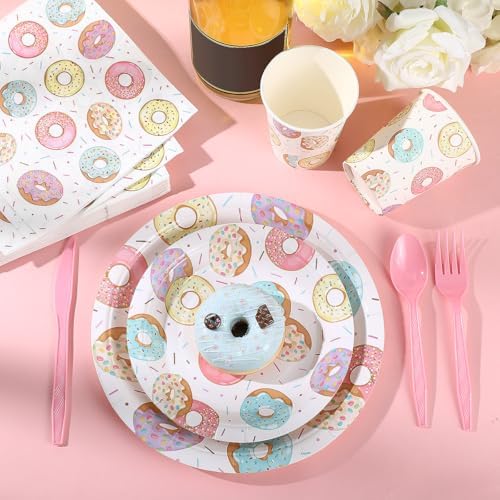 Ziliny 350 Pcs Donut Grow up Party Supplies Tableware Set Disposable 9'' 7'' Paper Plates 9 oz Cups Cutlery Napkins Dinnerware Set for 1st Birthday, Serve 50 (Donut Grow Up, Macron Color) - Image 5