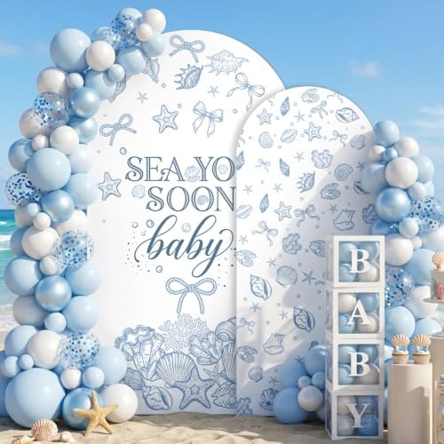 Serencatcher 7.2ft 6ft Seashell Sea You Soon Baby Arch Backdrop Covers 2pcs - Image 2