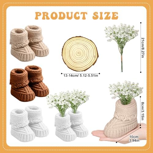 6 Set/ 36 Pcs Baby Shower Centerpieces Decor for Tables Crochet Knitted Mini Baby Booties with Artificial Breath Flowers and Wood Slices Boho Rustic Table Decor Gender Reveal Party Decor - Image 2