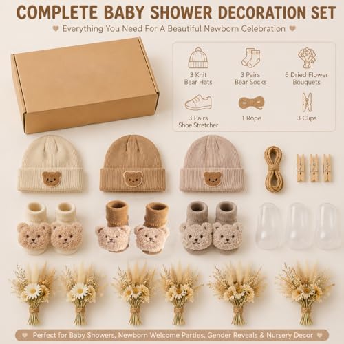 3 Set Baby Shower Table Decorations Bear Theme Socks Bulk with Dried Flower and Knit Hat for Photo Props Gender Reveal Table Centerpieces Baby Party Supplies Neutral Party Decor - Image 3
