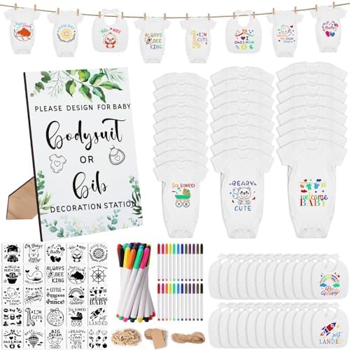 201 Pcs Baby Shower Set Baby Shower Game Sign Baby Bib Bodysuit White Baby Bib Newborn Bodysuit Baby Shower White Decorating Kit(Green) by Pydeeirom