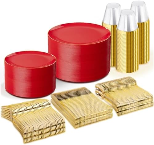 WDF 300Pcs Red Disposable Plates - Red Plastic Plates 50guest Disposable Dinnerware Include 50 Dinner Plate 50 Dessert Plate 150 Cutlery & 50 9oz Cups for Wedding/Birthday/Party by WDF