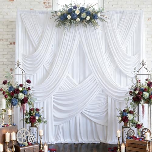 8 Panels 5x12ft White Backdrop Curtains for Wedding Parties, Wrinkle Free Polyester Photo Backdrop Drapes 12 ft Long Back Drop Cloth Drapery for Birthday Baby Shower Photography Party Background by Htper