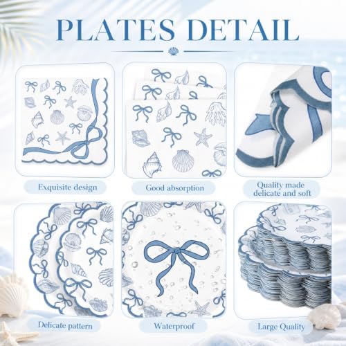 Pickmesh 250 Pcs Ocean Blue Bow Seashell Paper Napkins Plates Cups Set Ocean Themed Party Supplies Coastal Seashell Disposable Tableware for Summer Birthday Beach Wedding Dinner, Serve for 50 Guests - Image 2