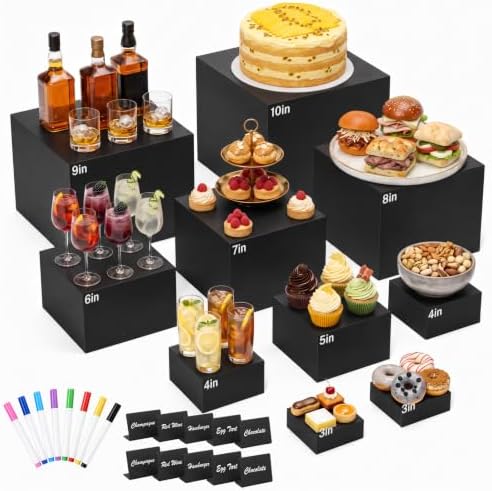 White Acrylic Buffet Risers with Mini Sign and Marker, Food Risers Display Stands for Buffet Table Party Catering Dessert Jewelry Collectibles,Acrylic Cube Nesting Boxes with Hollow Bottoms (10" 9" 8" 7" 6" 5" 4" 4" 3" 3"（Black）) by URLINE