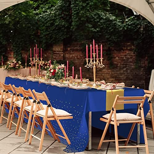 16Pack Disposable Plastic Tablecloths and Satin Table Runner Set Blue and Gold Dot Tablecloth Gold Satin Table Runner for Wedding Birthday Baby Shower Anniversary Christmas New Year Party Decorations - Image 6