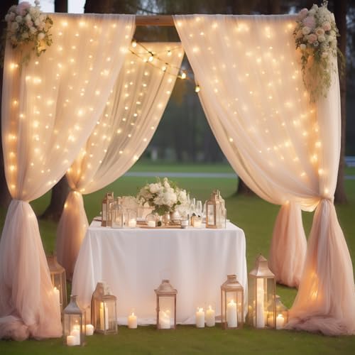 20×10ft Champagne Tulle Backdrop Curtain with Lights String for Parties, Sheer Curtain Backdrop Drapes for Wedding Party Photography Background - Image 3