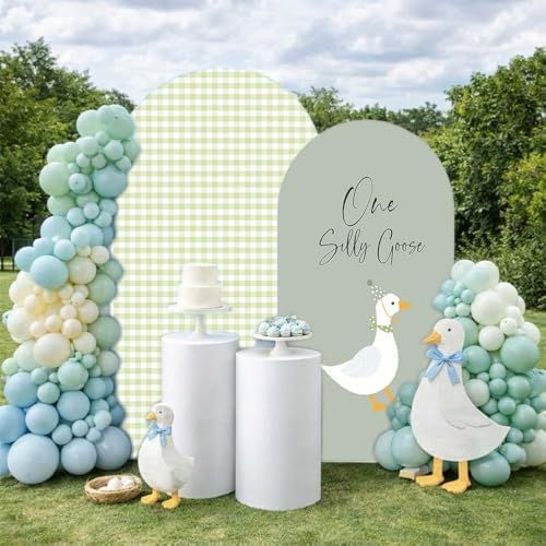 Set of 2 Arch Backdrop Covers One Silly Goose Baby Shower 2PCS Spandex Arch Stand Cover Plaids Girl Birthday Easter Party Banquets Decorations (7.2FT & 6FT,Green) - Image 3