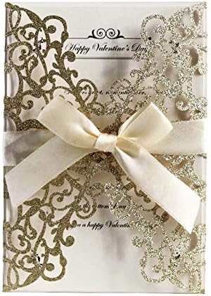 50Pcs Glitter Floral Laser Cut Wedding Invitation Cards Blank with Envelope by AdasBridal