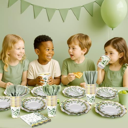 Ziliny 350 Pcs Sage Green Party Supplies Tableware Set Disposable 9'' 7'' Paper Plates 9 oz Cups Cutlery Napkins Dinnerware Set for Wedding, Bridal Birthday Serve 50 (Sage, Green, Gold) - Image 5