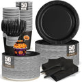 Black Paper Plates and Napkins Party Supplies Include Black Party Plates Napkins Cups Forks Disposable Dinnerware Set for Halloween, Graduations, Retirement, Birthday, Serves 50 by CENLBJ
