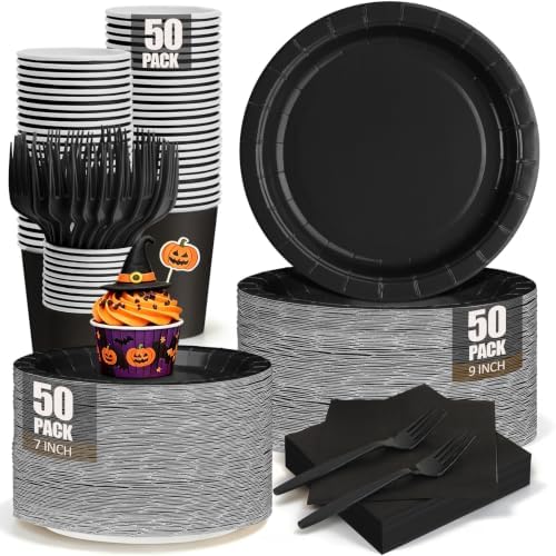 Black Paper Plates and Napkins Party Supplies Include Black Party Plates Napkins Cups Forks Disposable Dinnerware Set for Halloween, Graduations, Retirement, Birthday, Serves 50 by CENLBJ