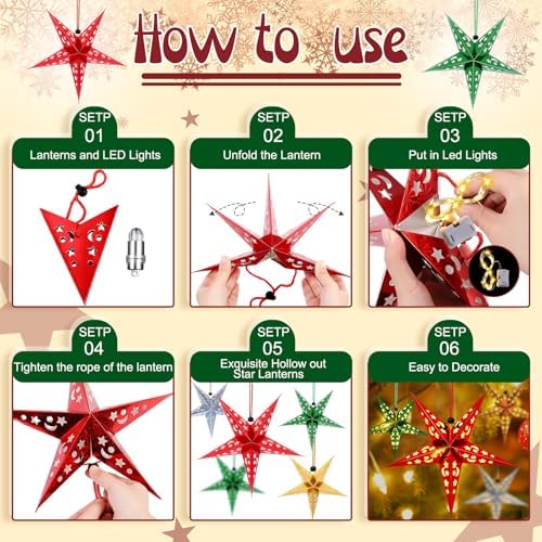 Hortsun 20 Set Paper Star Lanterns Lighted 3D,Red, Green, Gold, Silver - Image 3