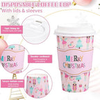 Whaline 50Pcs Merry Christmas Disposable Coffee Cups with Lids and Sleeves Pastel Pink Nutcracker Paper Drinking Cup for Xmas Birthday Party Supplies - Image 3