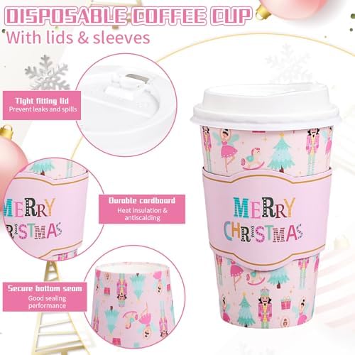 Whaline 50Pcs Merry Christmas Disposable Coffee Cups with Lids and Sleeves Pastel Pink Nutcracker Paper Drinking Cup for Xmas Birthday Party Supplies - Image 3