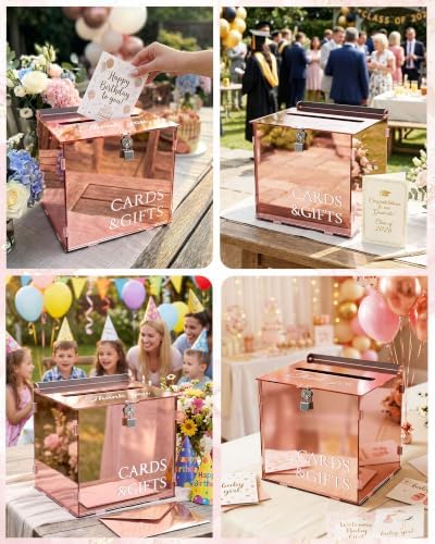 Rose Gold Acrylic Wedding Card Box with Slot and Lock, Mirror Acrylic Card Holder for Reception, Graduation, Bridal & Baby Shower, Birthday Party, Shiny Decorative Gift Boxes for Cards and Money - Image 7