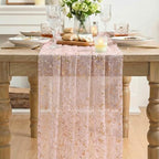 Artoid Mode 10Pcs Pink Gauze Gold Table Runner 10FT, Glitter Metallic Foil Sheer Dining Wedding Anniversary Holiday Table Decor for Home Party - Image 2