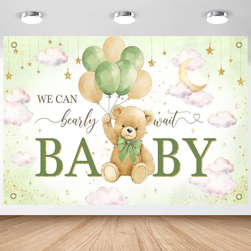 Avezano We Can Bearly Wait Banner Bear Baby Shower Decorations Bear Baby Shower Backdrop Teddy Bear Baby Shower Banner for Boys Girls (Green, 8 x 6 ft) by AVEZANO