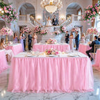 Pink Tulle Table Skirt 14FT Desk Skirt for Classroom Dorm Teacher Desk Back to School Desk Curtain Skirt Ruffle Tutu Shimmer Table Skirting for Birthday Baby Shower Party Cake Dessert Table Decor - Image 2