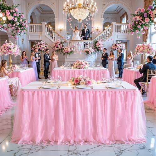 Pink Tulle Table Skirt 14FT Desk Skirt for Classroom Dorm Teacher Desk Back to School Desk Curtain Skirt Ruffle Tutu Shimmer Table Skirting for Birthday Baby Shower Party Cake Dessert Table Decor - Image 2