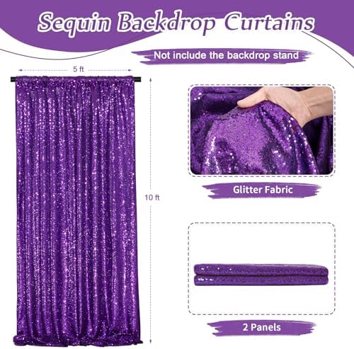 Purple Sequin Backdrop 2 Pcs 5FTx10FT Wedding Glitter Curtain Backdrop Arch Fabric Drapes for Baby Shower Birthday Party Decoration - Image 2