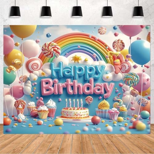 Happy Birthday Rainbow Candy Lollipop Balloons Cartoon Dreamy Background One 1st Birthday Backdrop with Colorful Balloons Lollipops and Cake for Kids Baby Showers and More Party Backdrop(C, 9x6feet) - Image 4