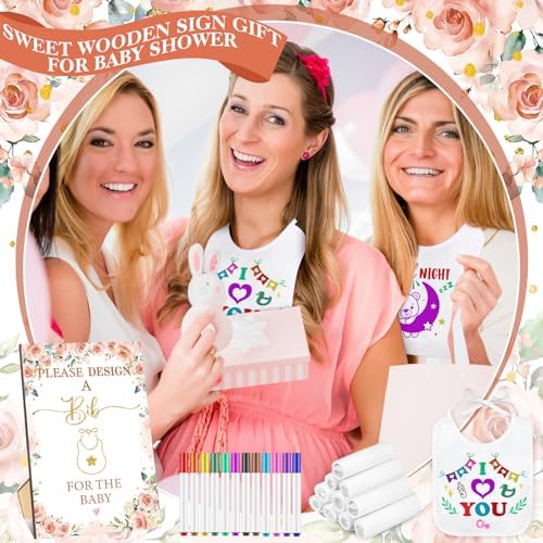 Panitay 100 Pcs DIY Baby Bibs Decorating Kit 50 White Bibs 25 Stencils 24 Markers 1 Baby Shower Game Sign - Image 5