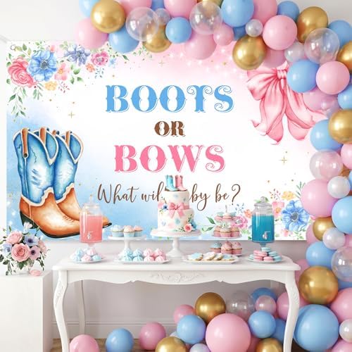 Mocsicka Boot or Bows Banner Cowboy Boots Pink Bows Gender Reveal Banner for Western Baby Shower Party Decorations (8x6ft) - Image 2